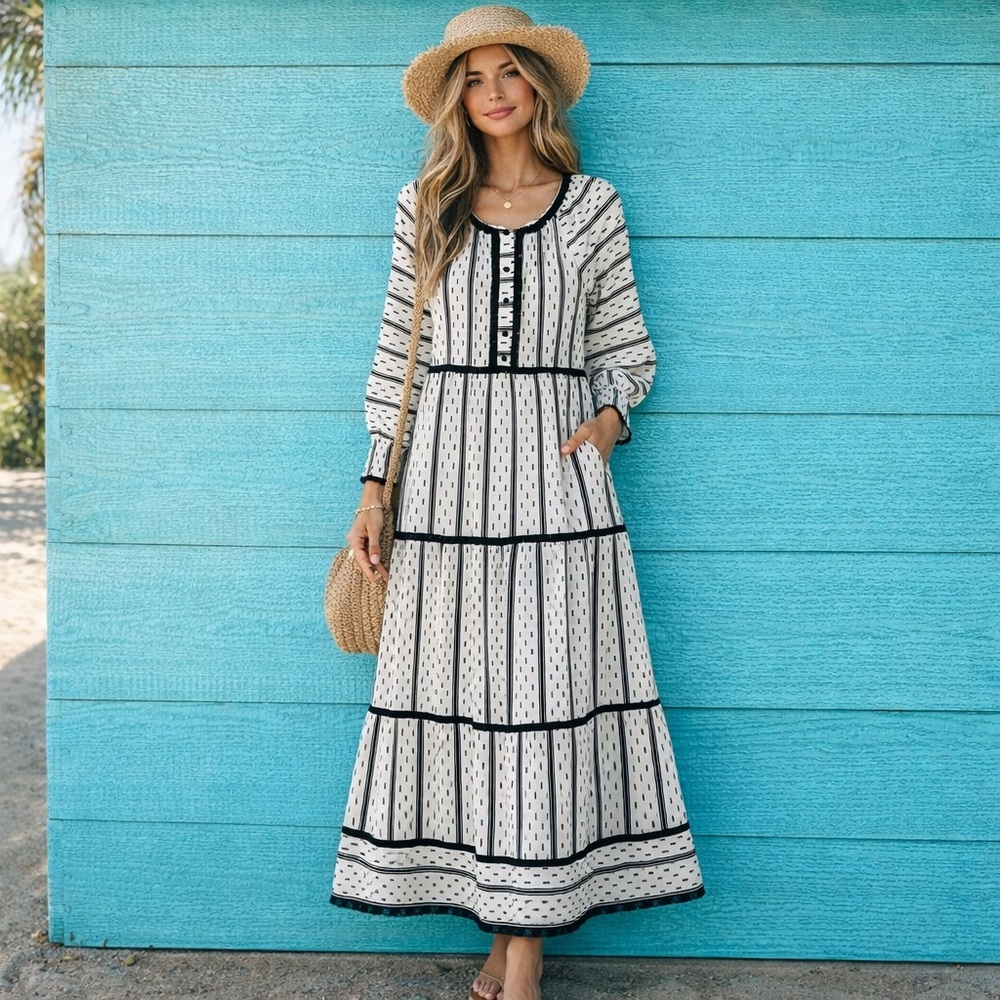 TUCKERNUCK HUNTER BELL BLACK WHITE TIERED MAXI DRESS SIZE LARGE